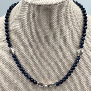Vintage Dark Blue Banded Bead Necklace Silver Tone Accents Dainty Minimalist Y2K